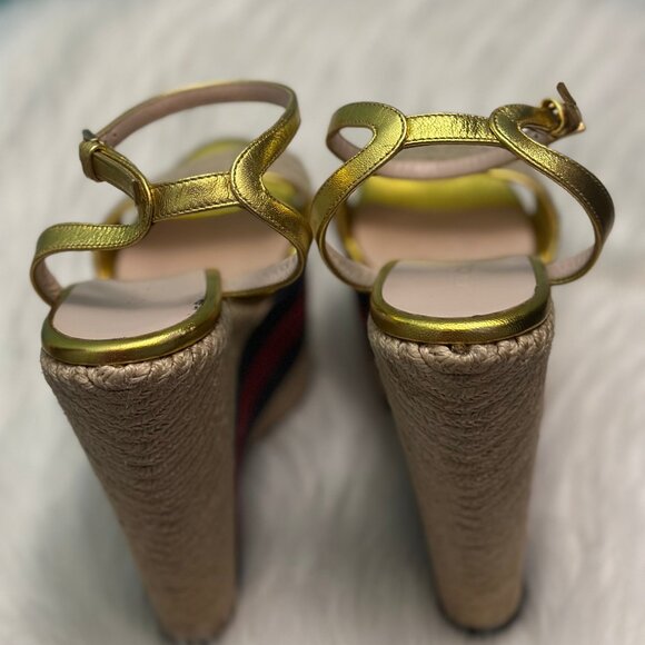 Gucci Gold Metallic Leather Jute Platform Espadrille Sandals Rare Find, 35.5Size - Picture 5 of 11